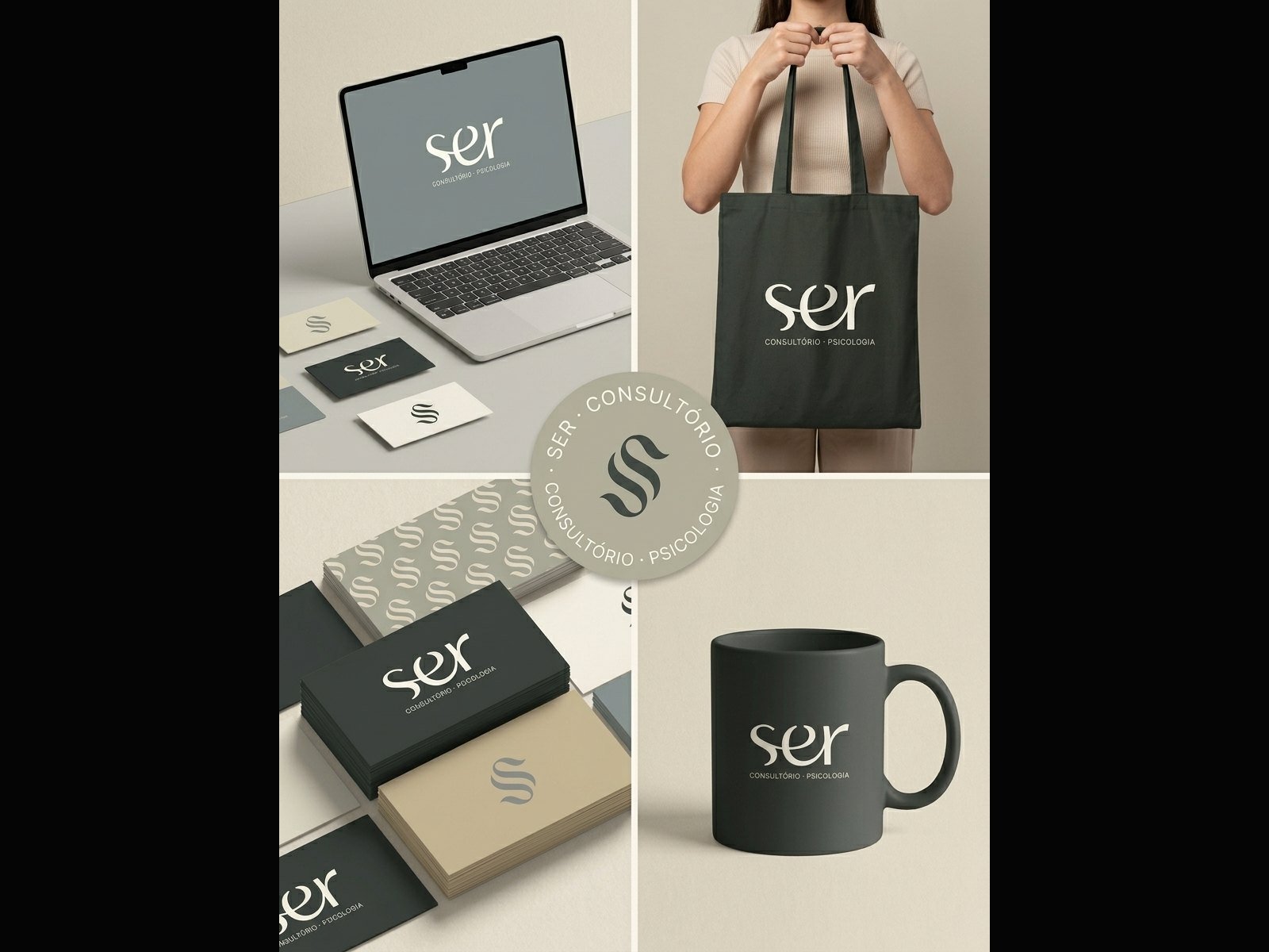 Papelaria da identidade Ser Psicologia em notebook, ecobag, cartões e caneca